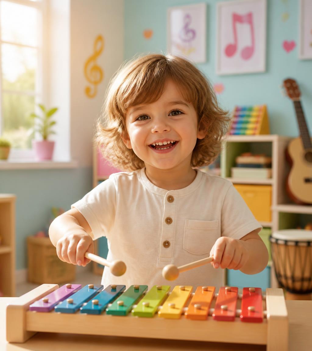 A happy young child playing a colourful rainbow xylophone in a bright music classroom